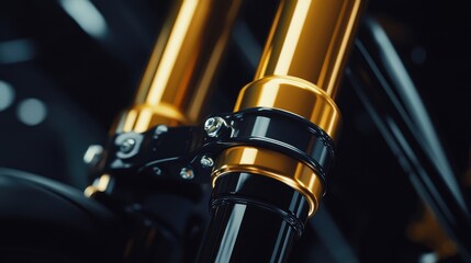 Obraz premium Front suspension fork close-up gold finish shining under bright light