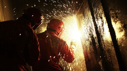 Industrial welding with sparks flying, workers in protective gear, high contrast lighting