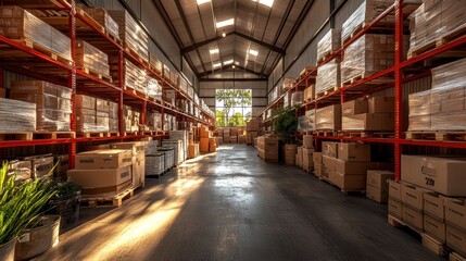 Fototapeta premium A large warehouse with high shelves filled with boxes.