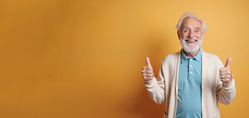 Cheerful Senior Man Smiling Enthusiastically Giving Thumbs Up Against Yellow Background with Copy Space