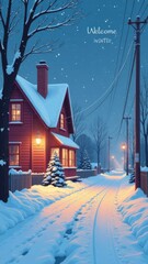 Obraz premium Cozy red cottage on snowy night with streetlamps illuminating a frosty path in winter wonderland concept