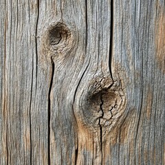 Fototapeta premium Close-up of weathered wooden texture with natural knots and cracks.