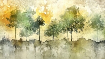 Green-yellow watercolor trees blend into a textured cracked wallpaper with weathered effects