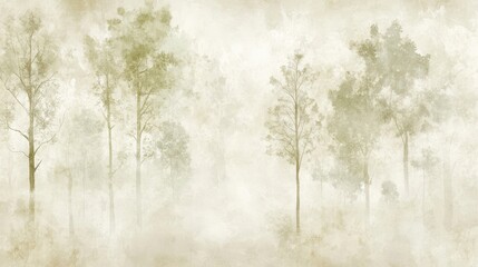 Soft watercolor trees in pale green and beige blending into a lightly textured grunge backdrop