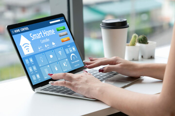 Smart home technology, centric remote control system with digital dashboard for air conditioning, safety security network or house automation. App software, ui panel programming IOT monitor snugly