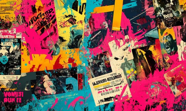 Tattered posters with colorful paint splatters.