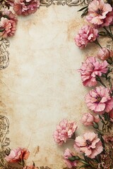 Vintage floral background with pink carnations for elegant invitations and artistic designs perfect for weddings and special occasions