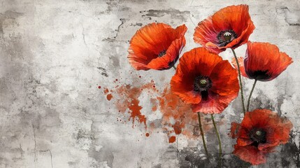 Industrial-inspired background with bold watercolor poppies and rough surface textures