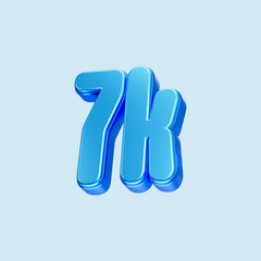 Blue metallic number. 7K Bright blue 3D Render. Isolated on white background.