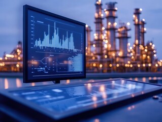 Energy Demand Charts Projected on a Refinery Wall, Visualizing Industry Pressure and Trends in Real-Time