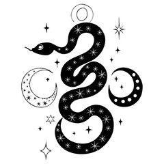 Obraz premium black snake with mystical magic objects moon and stars Spiritual occultism symbols