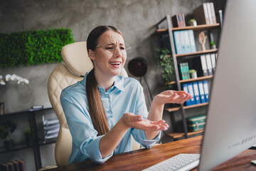 Photo of stressed depressed lady specialist dressed shirt hanving problems modern device indoors...