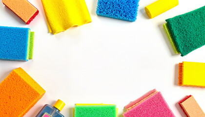 Overhead view of colorful cleaning sponges and tools arranged in a circular layout - Powered by Adobe