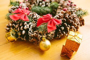 Christmas Decoration. Christmas wreath made of pine cones