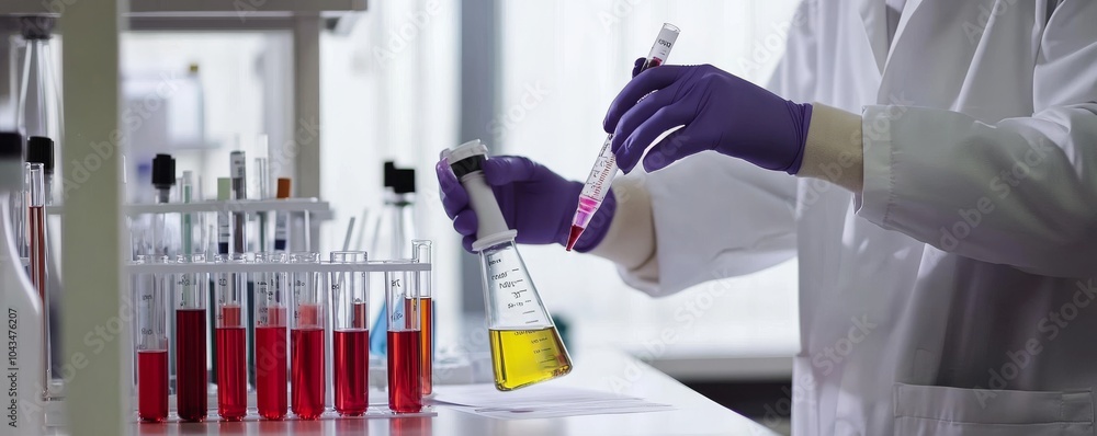 Poster a scientist conducts experiments in a laboratory with test tubes and colorful liquids, showcasing sc