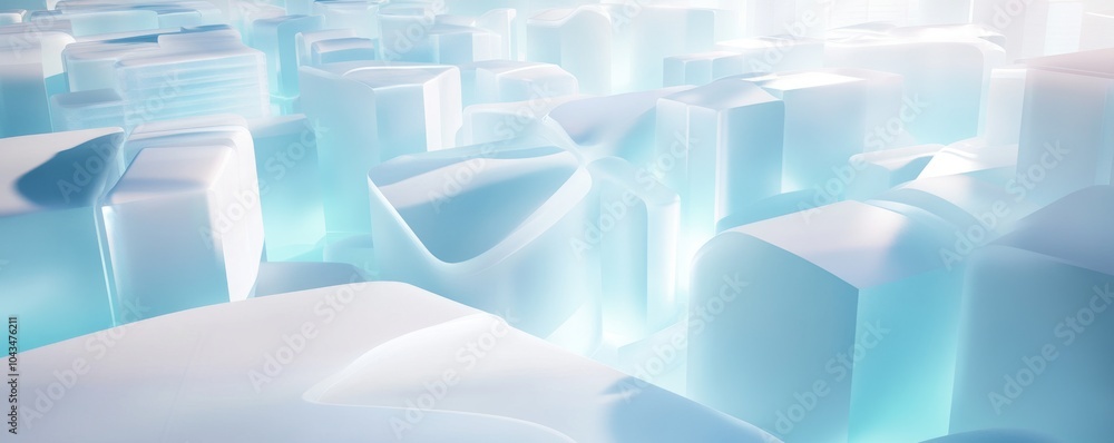 Poster a serene abstract representation of light blue shapes glowing softly, creating a calming and modern 