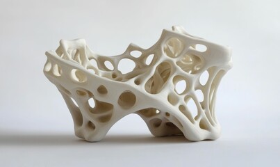 White, abstract sculpture with many holes.
