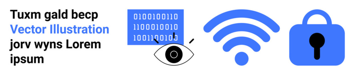Three icons represent digital security themes. One icon has binary code with an eye, another depicts a wireless signal, and the third shows a secure lock. Ideal for cybersecurity, data privacy
