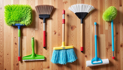 Variety of cleaning tools displayed from above on wooden floor
