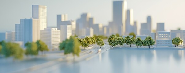 Obraz premium A serene cityscape featuring blurred buildings and lush trees near a peaceful waterfront, capturing a modern urban environment.