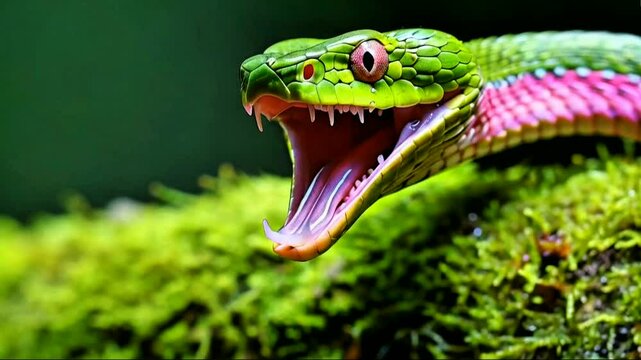A Green vine snake in a attacking posture with its mouth wide open showing its pink interiors in the Western Ghats of India moving its head, on a moss ... 