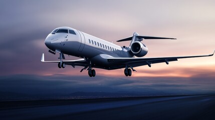 Obraz premium A sleek private jet takes off against a stunning twilight sky, symbolizing luxury and freedom in air travel.