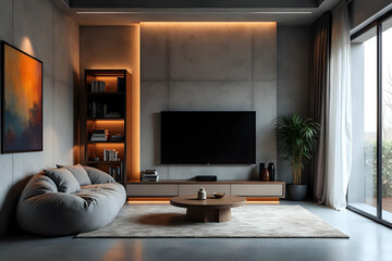 Fototapeta premium Modern interior design, cozy living space in loft style with grunge elements - generative AI