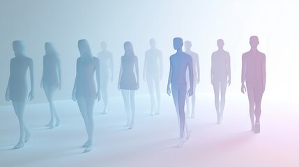 A surreal image of ethereal silhouettes walking through a serene haze, creating a captivating and dreamlike atmosphere.