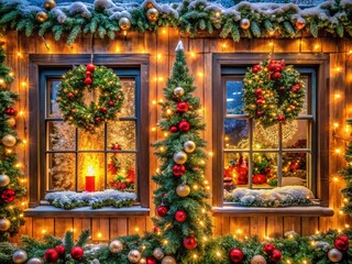 Fototapeta premium Festive Christmas Window Decorations: Create a Cozy Holiday Atmosphere with Stunning Ornaments and Lights