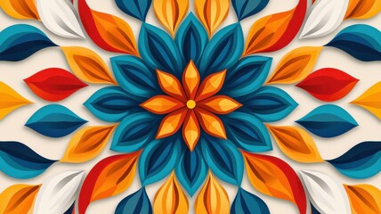 Fototapeta premium A vibrant mandala design showcasing intricate floral patterns in blue, orange, red, and white hues, creating an eye-catching visual harmony.