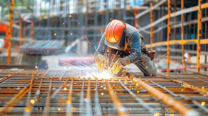A skilled welder working on a metal structure, surrounded by bright sparks
