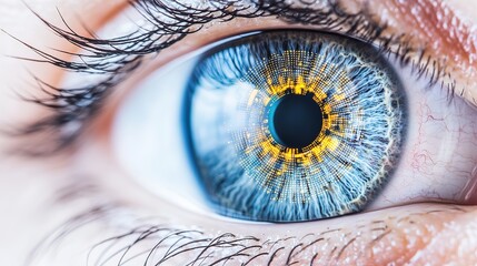 A detailed closeup of a human eye, showcasing the iris and pupil, with superimposed circular graphical elements symbolizing vision analysis or ophthalmology diagnostic technology 