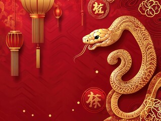 Obraz premium Golden snake with red lanterns for Lunar New Year celebration, AI generated