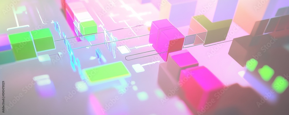 Poster abstract digital illustration with colorful blocks and lights, creating a modern, futuristic feel fo