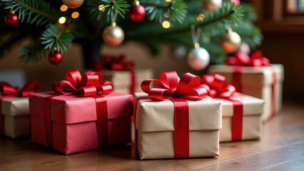 Obraz premium Elegant Christmas gift boxes with red ribbons, surrounded by festive decorations and lights.
