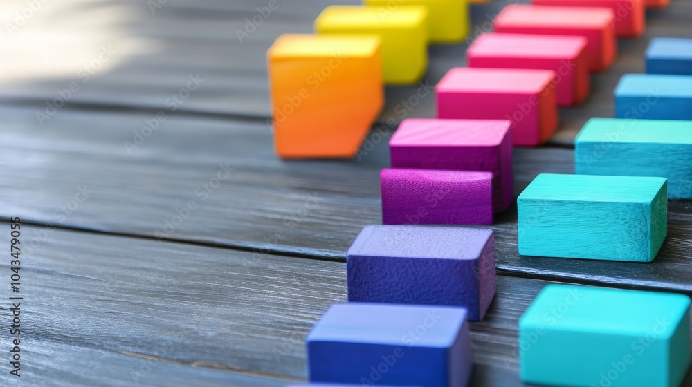 Aufkleber colorful wooden blocks arranged in a sequence on a wooden surface, creating a vibrant and playful at