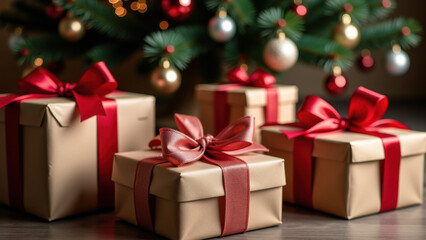 Obraz premium Elegant Christmas gift boxes with red ribbons, surrounded by festive decorations and lights.