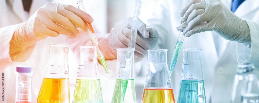 Poster hands conducting experiments in a laboratory setting with colorful liquids in beakers, showcasing sc