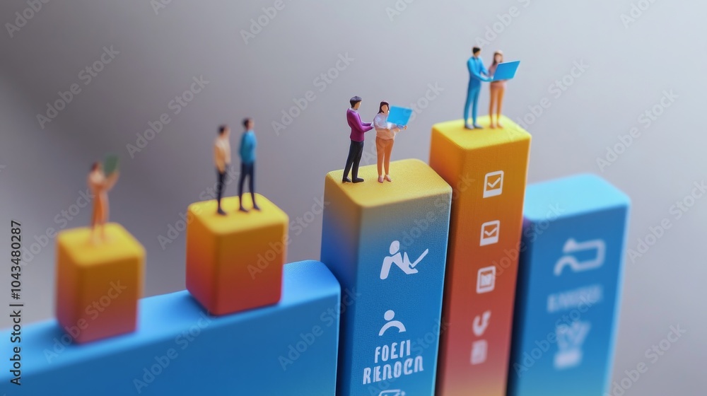 Poster miniature figures analyzing data on colorful bar charts, representing business growth and teamwork.