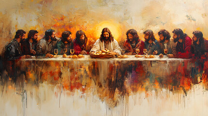 A depiction of the Last Supper, where Jesus shares bread and wine with the disciples, painted in warm tones, emphasizing love and sacrifice