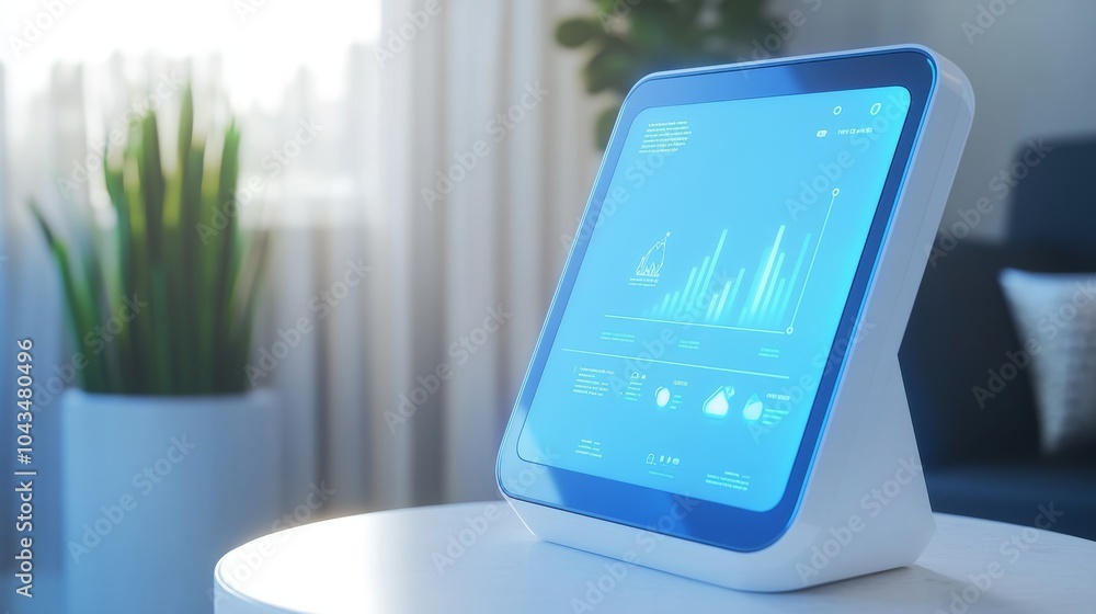 Poster modern smart device displaying data analytics in a bright, stylish interior setting. ideal for techn
