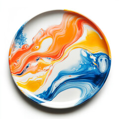 A decorative plate with a modern design. The plate is round and has a unique pattern. 
