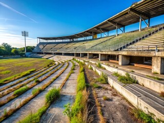 Obraz premium Abandoned Sports Stadium with Crumbling Concrete Seats and Empty Stands in Desolation