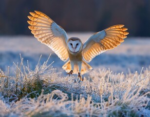 Obraz premium The Barn owl (Tyto alba) flies like an angel in a snowy and frosty winter meadow. Portrait of a owl in the nature habitat.