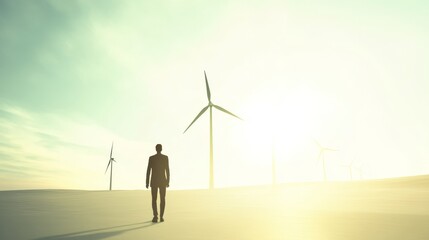 Obraz premium A businessperson walks towards wind turbines, symbolizing a sustainable future and renewable energy in a serene landscape.