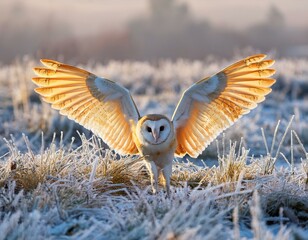 Fototapeta premium The Barn owl (Tyto alba) flies like an angel in a snowy and frosty winter meadow. Portrait of a owl in the nature habitat.