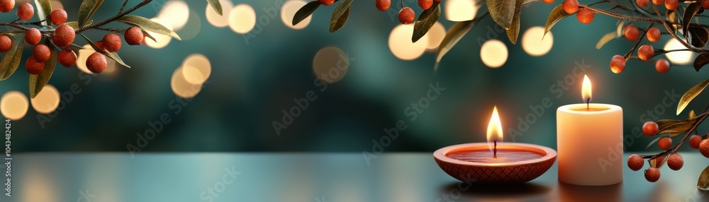 Poster a serene composition featuring candles and decorative foliage, illuminated by soft bokeh lights, cre