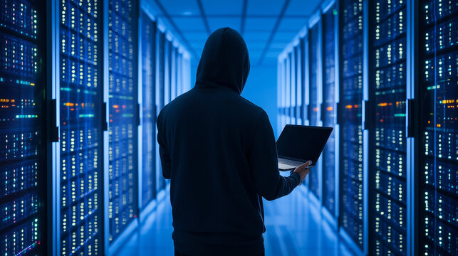 Hooded Hacker in Secure Server Room Extracting Sensitive Data