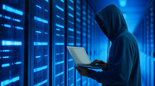 Hooded Hacker in Secure Server Room Extracting Data