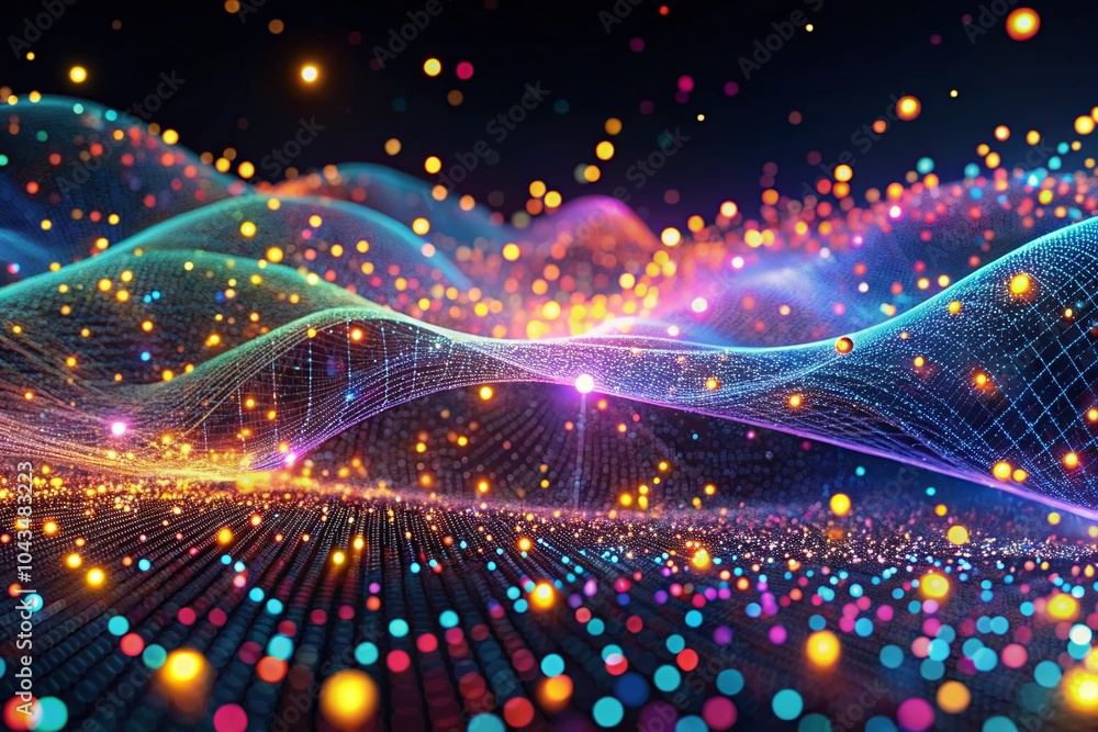 Poster abstract dynamic wave of glowing particles in a neon network - big data and digital background